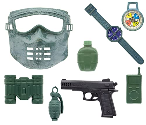 Militär Spielzeug 8-teilig Kinder Jungen Armee Ausrüstung Maske Handgranate Uhr Kompass Trinkflasche Fernglas Walkie-Talkie Pistole von Alsino
