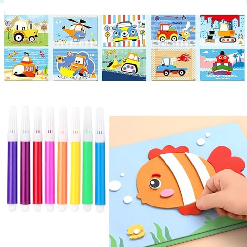 Altaroo 10 Stück 3D Aufkleber für Kinder, 3D Schaum Puzzle Aufkleber Automotive Beidseitig Spielbar, Moosgummi Bastelset Kinder Selbstklebend mit 8 Stifte für Jungen Mädchen ab 4 von Altaroo