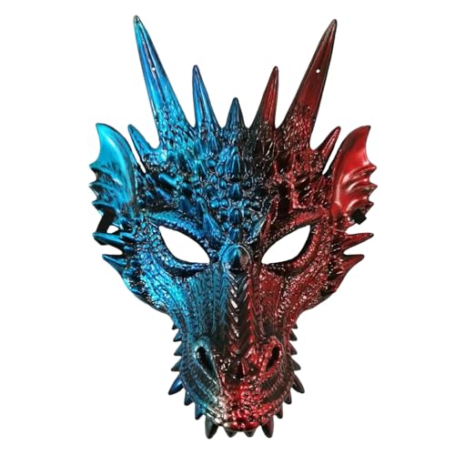 Altsuceser 3D-Drachen-Maske, Cosplay-Maske, Drachenkopf-Maske, gruseliges Tier, halbe Gesichtsmasken für Erwachsene und Herren, Blau + Rot von Altsuceser
