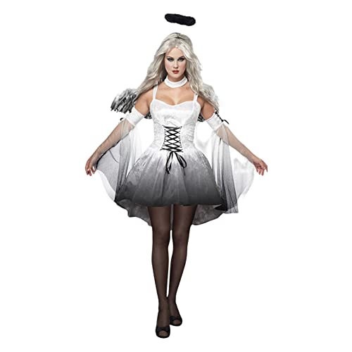 Altsuceser Damen Halloween Dunkel Gefallener Engel Korsett Kleid Kostüme, Böser Teufel Horror Gruselige Rollenspiele Flügel Schwarzer Engel Halloween Set Kostüm für Halloween Weihnachten Weiß S von Altsuceser