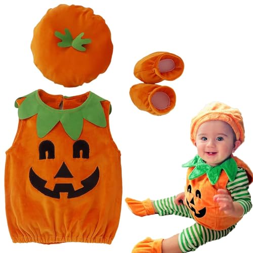 Alueeu Baby Kleinkind Kürbis Kostüm Infant Kinder Mädchen Jungen Halloween Karneval Fasching Kostüme mit Hut und Socken Cosplay von Alueeu