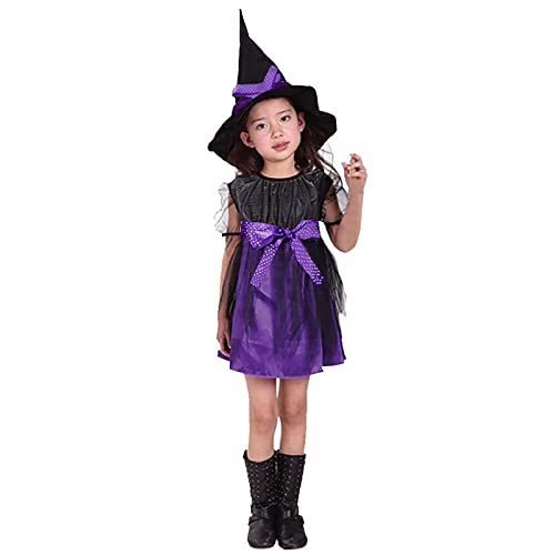 Alueeu Halloween Kinder Kostüm, Hexe Zauberer Kleid und Hut, Halloween Fest Kostüme mit für Kinder, Hexenkostüm Kinder Mädchen von Alueeu
