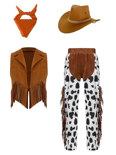Alvivi 4 Stück Kinder Cowgirl Kostüm Mädchen Fransenweste + Hose + Cowboyhut + Bandana Vintage Western Cowgirl Outfits Karneval Fasching Mottoparty Orange 146-152 von Alvivi