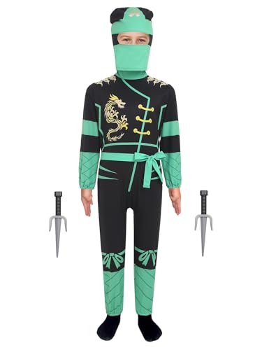 Alvivi 4 Stück Kinder Ninja Kostüm Japanischer Ninjas Overall Jumpsuit Jungen Mädchen Ninja Kleidung Halloween Karneval Fasching Grün 110-128 von Alvivi
