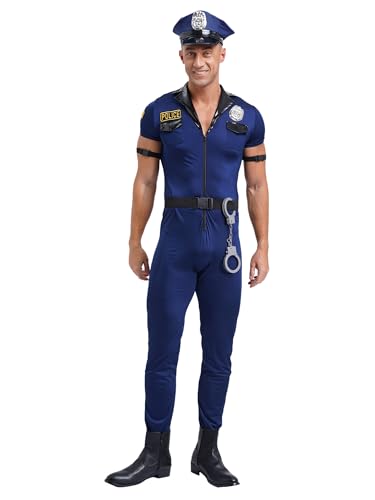 Alvivi 7 Stück Herren Polizei Kostüm Polizist Uniform Jumpsuit Overall mit Polizeimütze Zubehör Halloween Karneval Nachtclub Rave Party Outfits Blau XL von Alvivi