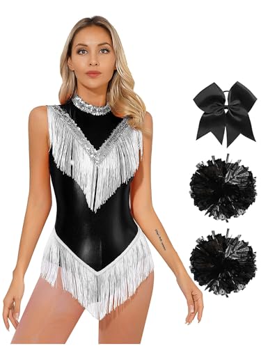 Alvivi Cheer Leader Kostüm Damen Cheerleading Uniform Fransen Body Overall mit Pompoms Haarband Halloween Karneval Fasching Kostüm Schwarz XL von Alvivi