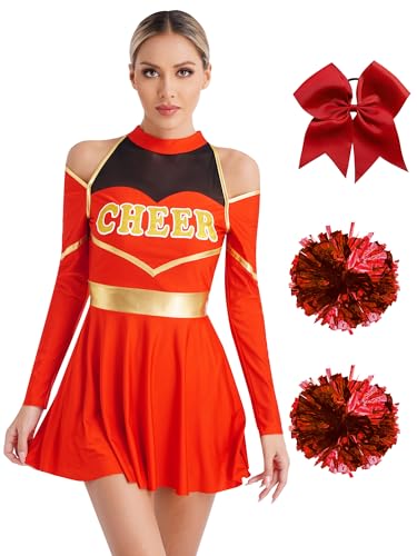 Alvivi Cheer Leader Kostüm Damen Cheerleading Uniform Schulmädchen Kleid mit Pompoms Haarband Halloween Karneval Fasching Kostüm A Rot L von Alvivi