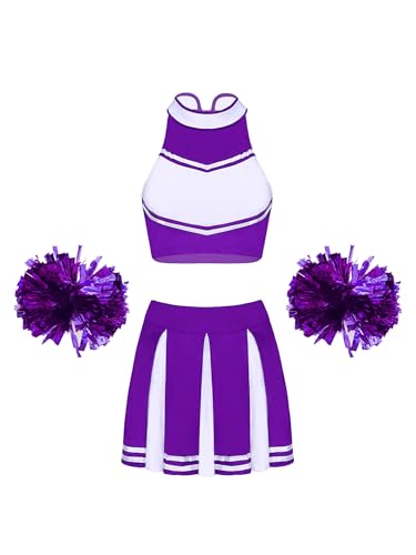 Alvivi Cheer Leader Kostüm Damen Cheerleading Uniform Crop Tops + Rock + Pompoms Schulmädchen Kostüm Halloween Karneval Fasching Verkleidung Lila XXL von Alvivi