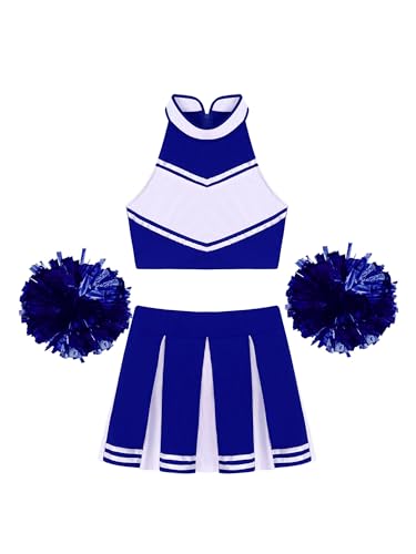Alvivi Cheer Leader Kostüm Damen Cheerleading Uniform Schulmädchen Kleid mit Pompoms Haarband Halloween Karneval Fasching Kostüm H Royal Blau L von Alvivi