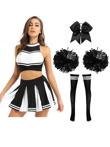 Alvivi Cheer Leader Kostüm Damen Cheerleading Uniform Schulmädchen Kleid mit Pompoms Haarband Halloween Karneval Fasching Kostüm I Schwarz A S von Alvivi