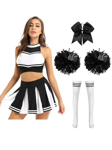 Alvivi Cheer Leader Kostüm Damen Cheerleading Uniform Schulmädchen Kleid mit Pompoms Haarband Halloween Karneval Fasching Kostüm I Schwarz B XL von Alvivi