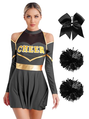 Alvivi Cheer Leader Kostüm Damen Cheerleading Uniform Schulmädchen Kleid mit Pompoms Haarband Halloween Karneval Fasching Kostüm A Schwarz S von Alvivi