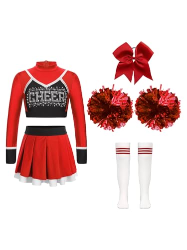 Alvivi Cheer Leader Kostüm Mädchen Cheerleading Uniform Kleid Langarm Crop Tops mit Minirock Pompoms Socken Halloween Karneval Faschingskostüm D Rot A 110-116 von Alvivi