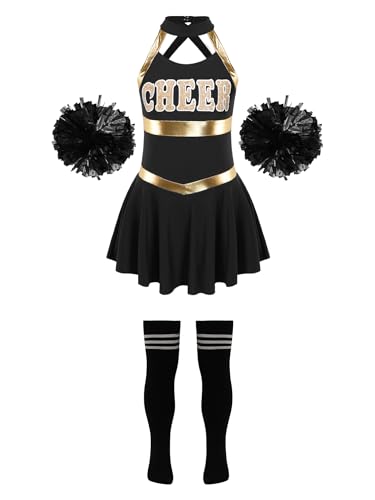 Alvivi Cheer Leader Kostüm Mädchen Cheerleading Uniform Schulmädchen Kleid mit Pompoms Socken Halloween Karneval Fasching Kostüm A Schwarz&Weiß 158-164 von Alvivi