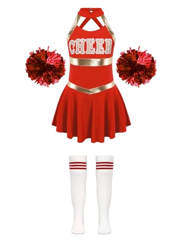 Alvivi Cheer Leader Kostüm Mädchen Cheerleading Uniform Schulmädchen Kleid mit Pompoms Socken Halloween Karneval Fasching Kostüm Aa Rot 122-128 von Alvivi
