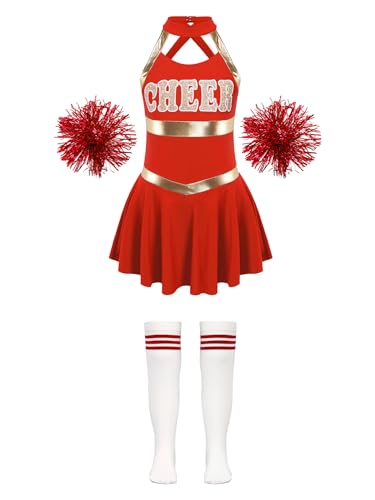 Alvivi Cheer Leader Kostüm Mädchen Cheerleading Uniform Schulmädchen Kleid mit Pompoms Socken Halloween Karneval Fasching Kostüm B Rot 158-164 von Alvivi