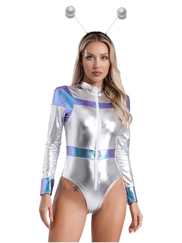 Alvivi Damen Alien Kostüm Glänzend Raumfahrer Kostüm Metallic Body Overall + Haarreif Cosplay Karneval Fasching Kostüm Silber XXL Alvivi Damen Alien Kostüm Glänzend Raumfahrer Kostüm Metallic Body Overall + Haarreif Cosplay Karneval Fasching Kostüm Silber XXL von Alvivi