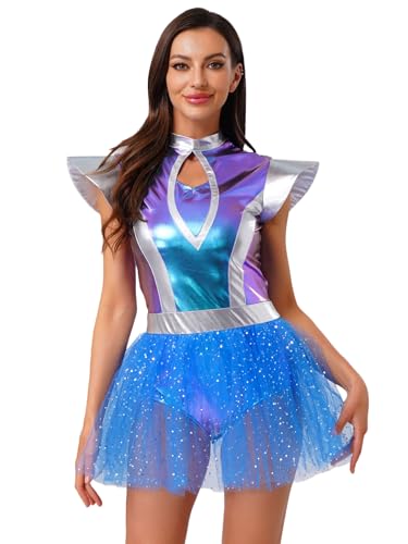 Alvivi Damen Alien Kostüm Space Girl Kleid Außerirdischer Kostüm Metallic Tanzkleid mit Tütü Rock Halloween Karneval Fasching Partykleid Blau XXL Alvivi Damen Alien Kostüm Space Girl Kleid Außerirdischer Kostüm Metallic Tanzkleid mit Tütü Rock Halloween Karneval Fasching Partykleid Blau XXL von Alvivi