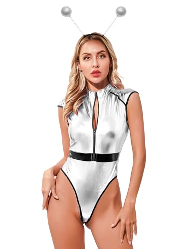 Alvivi Damen Alien Kostüm Space Weltall Astronauten Kostüm Metallic Body Overall mit Haarreif Raumfahrer Kostüm Karneval Fasching Party Outfits Silber M von Alvivi