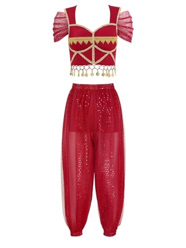 Alvivi Damen Bauchtanz Kostüm Quasten Pailletten Crop Tops + Laterne Hosen Halloween Karneval Tänzer Outfit Suit A Rot B L von Alvivi