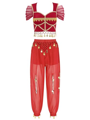 Alvivi Damen Bauchtanz Kostüm Quasten Pailletten Crop Tops + Laterne Hosen Halloween Karneval Tänzer Outfit Suit A Rot D XL von Alvivi