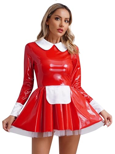 Alvivi Damen Dienstmädchen Kostüm Wetlook Leder Kleid Minikleid Gothic Zimmermädchen Kostüm Maid Uniform Halloween Karneval Mottoparty D Rot A XL von Alvivi