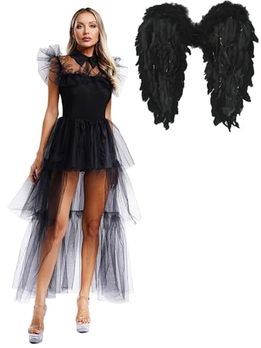 Alvivi Damen Engel Kleid Schwarz Engelskostüm mit Engelsflügel Gefallenen Teufel Kleid Gothic Mittelalter Kleid Halloween Karneval Fasching Kostüm Schwarz XXL von Alvivi