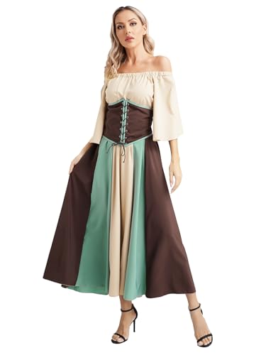 Alvivi Damen Mittelalter Kleid Renaissance Kleid mit Korsett Viktorianische Kleider Mittelalter Kostüm Fasching Karneval Cosplay Kostüm Khaki 4XL von Alvivi