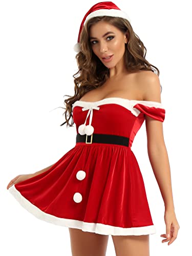 Alvivi Damen Weihnachten Kostüm Neckholder Sexy Minikleid Partykleid Nikolaus Weihnachtsfrau Kostüm Miss Santa Kleid Weihnachtskleider B Rot S von Alvivi