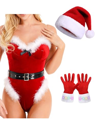 Alvivi Damen Weihnachten Kostüm Weihnachten Body Overall Frauen Santa Outfits Weihnachtsfrau Kostüm mit Weihnachtsmütze Handschuhe A Rot M von Alvivi