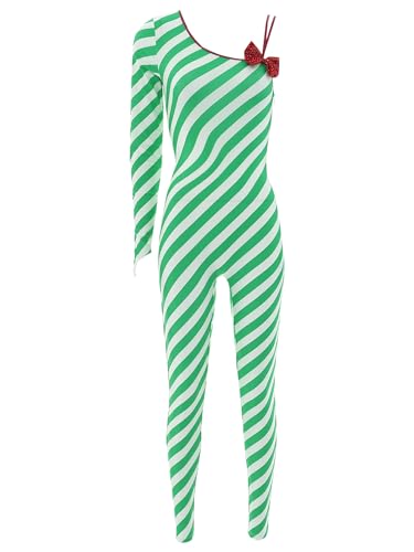 Alvivi Damen Weihnachten Kostüm Zuckerstangen Streifen Weihnachten Body Overall Jumpsuit Tanzbody Xmas Santa Outfits Ballett Tanzkleidung Ca Grün 4XL von Alvivi