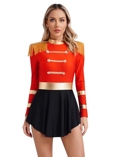 Alvivi Damen Zirkus Kostüm Zirkusdirektor Uniform Glitzer Langarm Kleid Ringmaster Show Tanzkostüm Weihnachten Karneval Party Outfits B Rot 3XL von Alvivi