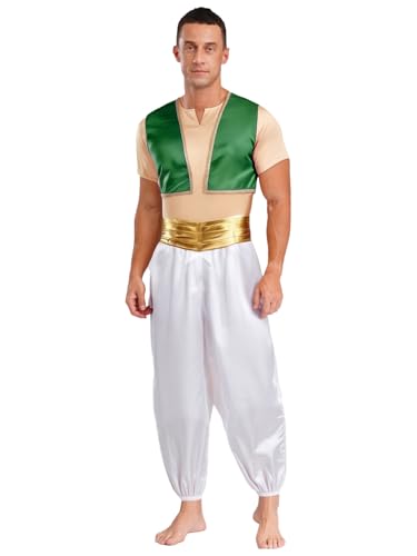 Alvivi Herren Arabischer Prinz Kostüm Kurzarm T-Shirt + Satin Weste Jacke + Haremshose Halloween Karneval Fasching Party Outfits Grün M von Alvivi