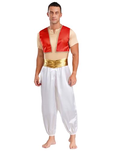 Alvivi Herren Arabischer Prinz Kostüm Kurzarm T-Shirt + Satin Weste Jacke + Haremshose Halloween Karneval Fasching Party Outfits Rot XXL von Alvivi