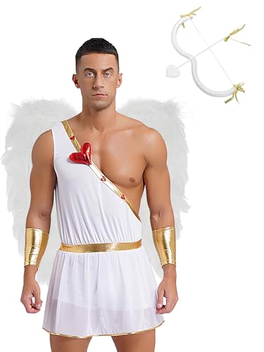 Alvivi Herren Engelskostüm Griechische Gott Kostüm Liebesbote Overall mit Engelsflügel Pfeil Bogen Halloween Karneval Fasching Party Outfits Weiß M von Alvivi