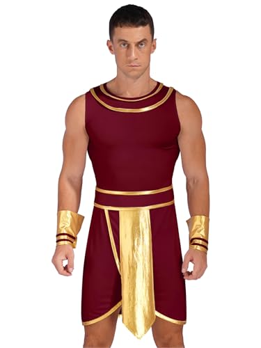 Alvivi Herren Griechischer Gott Kostüm Römisches Gladiator Kostüm Gewand Kurz Kleid mit Manschetten Halloween Karneval Party Kostüm Aa Weinrot XXL von Alvivi