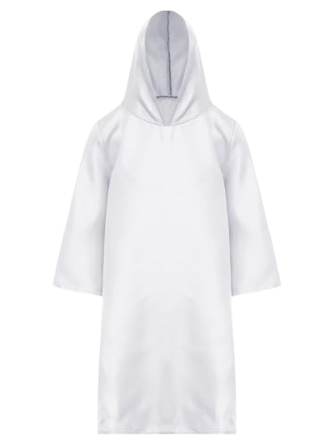 Alvivi Jungen Mädchen Kapuzenumhang Mittelalter Umhang Robe Sensenmann Kostüm Kinder Kapuzen Umhang Cosplay Halloween Karneval Faschingskostüm Weiß 110-116 von Alvivi