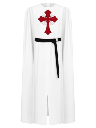 Alvivi Jungen Ritter Kostüm Mittelalter Krieger Kleid Robe mit Umhang Römischer Gladiator Kostüm Halloween Weihnachten Karneval Fasching Party Outfits Weiß 146-152 von Alvivi