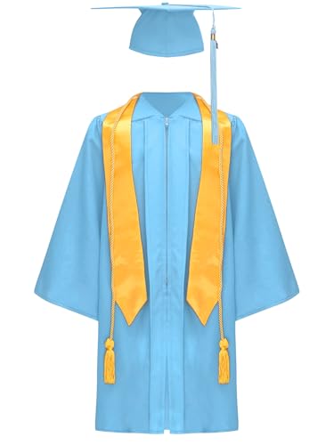 Alvivi Kinder Abschluss Talar mit Quasten Doktorhut Abschluss Akademischer Robe Für Jungen Mädchen Vorschule Abschlussfeier Hochschule Bachelor Hellblau 122-128 von Alvivi