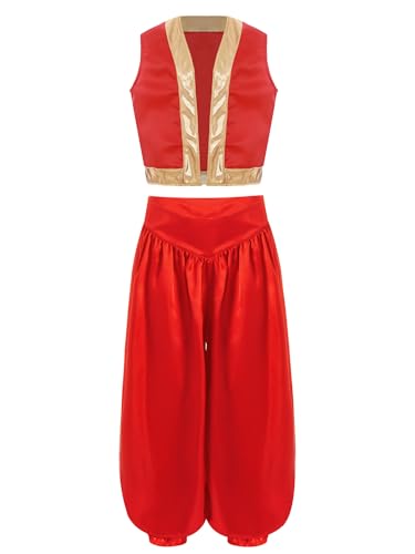 Alvivi Kinder Jungen Arabische Prinz Kostüm Mittelalter Weste Jacke + Pumphose Indische Arabische Kleidung Karneval Fasching Kostüm Mottoparty Rot 170-176 von Alvivi