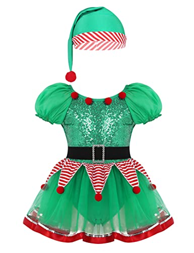 Alvivi Kinder Weihnachten Kleid Mädchen Weihnachtself Kostüm Pailletten Kleid mit Hut Weihnachtsmann Nikolaus Kostüm Karneval Party Clubwear B Grün 134-140 von Alvivi