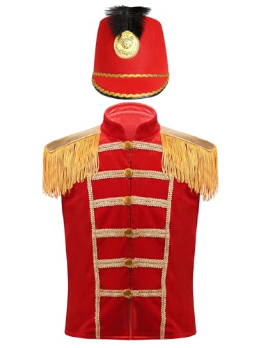 Alvivi Kinder Zirkus Kostüm Jungen Mädchen Zirkusdirektor Uniform Samt Weste Jacke Mantel + Hut Weihnachten Karneval Fasching Verkleidung Stil D Rot 170-176 von Alvivi