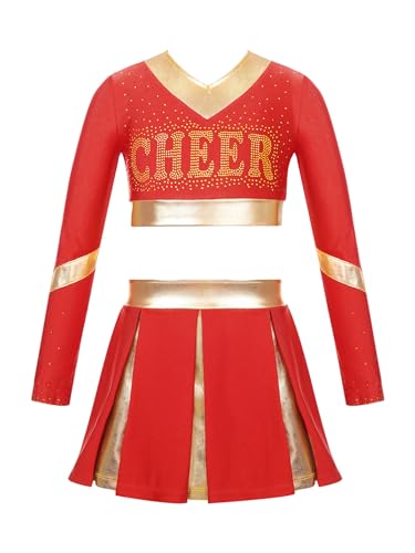 Alvivi Mädchen Cheer Leader Kleid Cheerleading Kostüm Langarm Schulmädchen Uniform Kleid Halloween Kostüm Fasching Partykleid E Rot 110-116 von Alvivi