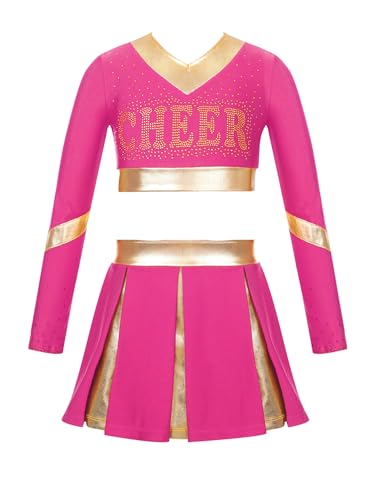 Alvivi Mädchen Cheer Leader Kleid Cheerleading Kostüm Langarm Schulmädchen Uniform Kleid Halloween Kostüm Fasching Partykleid Ea Dunkel Rosa 122-128 von Alvivi