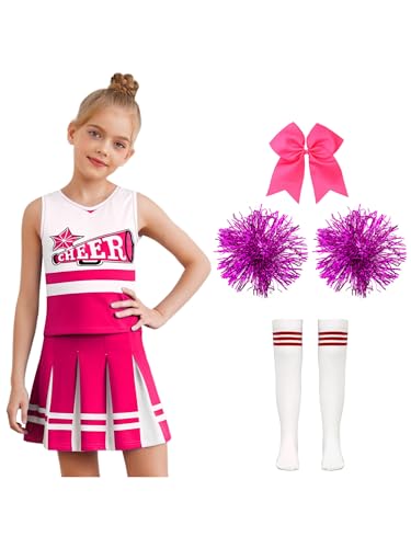Alvivi Mädchen Cheer Leader Kostüm Cheerleading Kleid Tank Tops + Minirock + Pompoms Socken Haarband Halloween Karneval Fasching Tanzkleid Dunkel Rosa Weiß 122-128 von Alvivi