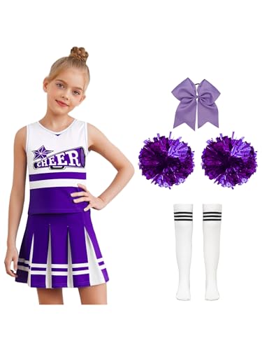 Alvivi Mädchen Cheer Leader Kostüm Cheerleading Kleid Tank Tops + Minirock + Pompoms Socken Haarband Halloween Karneval Fasching Tanzkleid Lila Weiß 116-122 von Alvivi