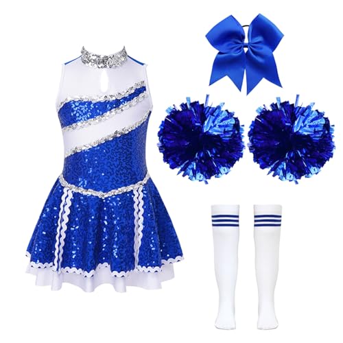Alvivi Mädchen Cheerleaderin Kostüm Cheerleading Uniform Halloween Kostüm Kleid mit Pompoms Socken Haarschmuck Karneval Fasching Party Kostüm D Blau 134-140 von Alvivi