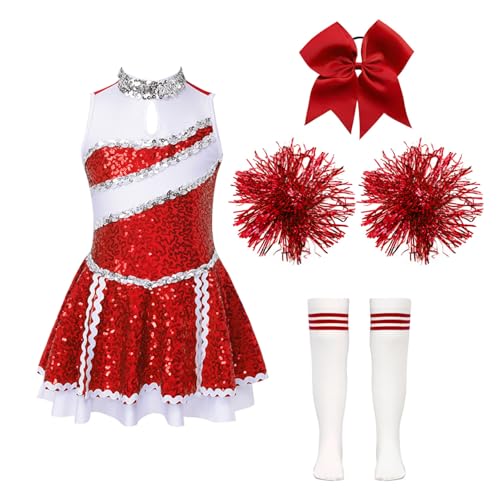 Alvivi Mädchen Cheerleaderin Kostüm Cheerleading Uniform Halloween Kostüm Kleid mit Pompoms Socken Haarschmuck Karneval Fasching Party Kostüm Da Rot 146-152 von Alvivi