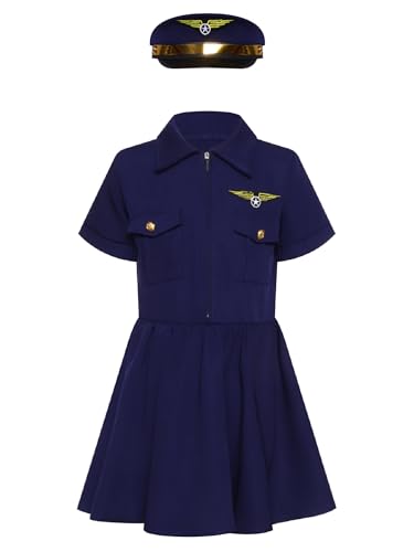 Alvivi Mädchen Polizei Polizistin Kostüm Kurzarm Minikleid mit Hut Polizistin Uniform Cosplay Halloween Karneval Fasching Kostüm B Marineblau 128-140 von Alvivi