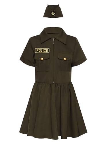Alvivi Mädchen Polizei Polizistin Kostüm Kurzarm Minikleid mit Hut Polizistin Uniform Cosplay Halloween Karneval Fasching Kostüm C Armeegrün 92-104 von Alvivi